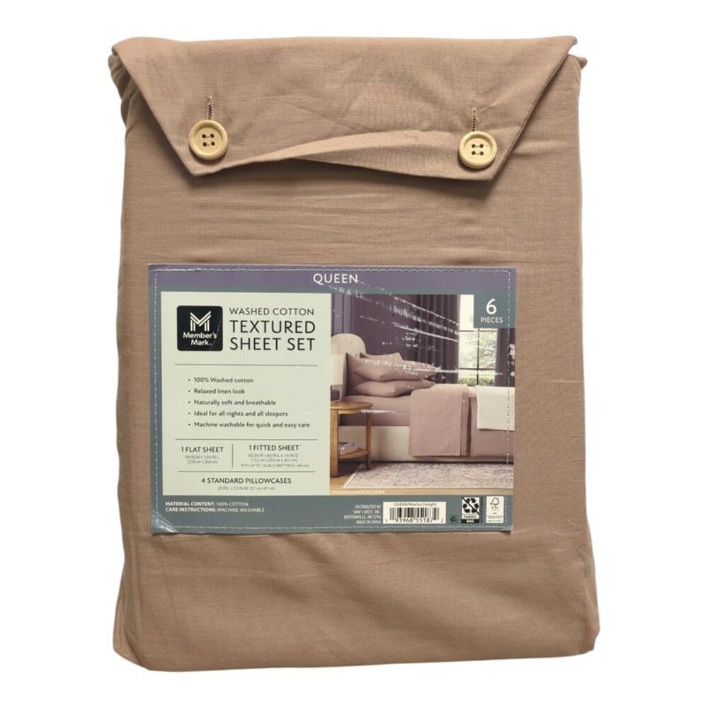 Member's Mark Washed Cotton Textured Sheet Set, Queen - Mocha